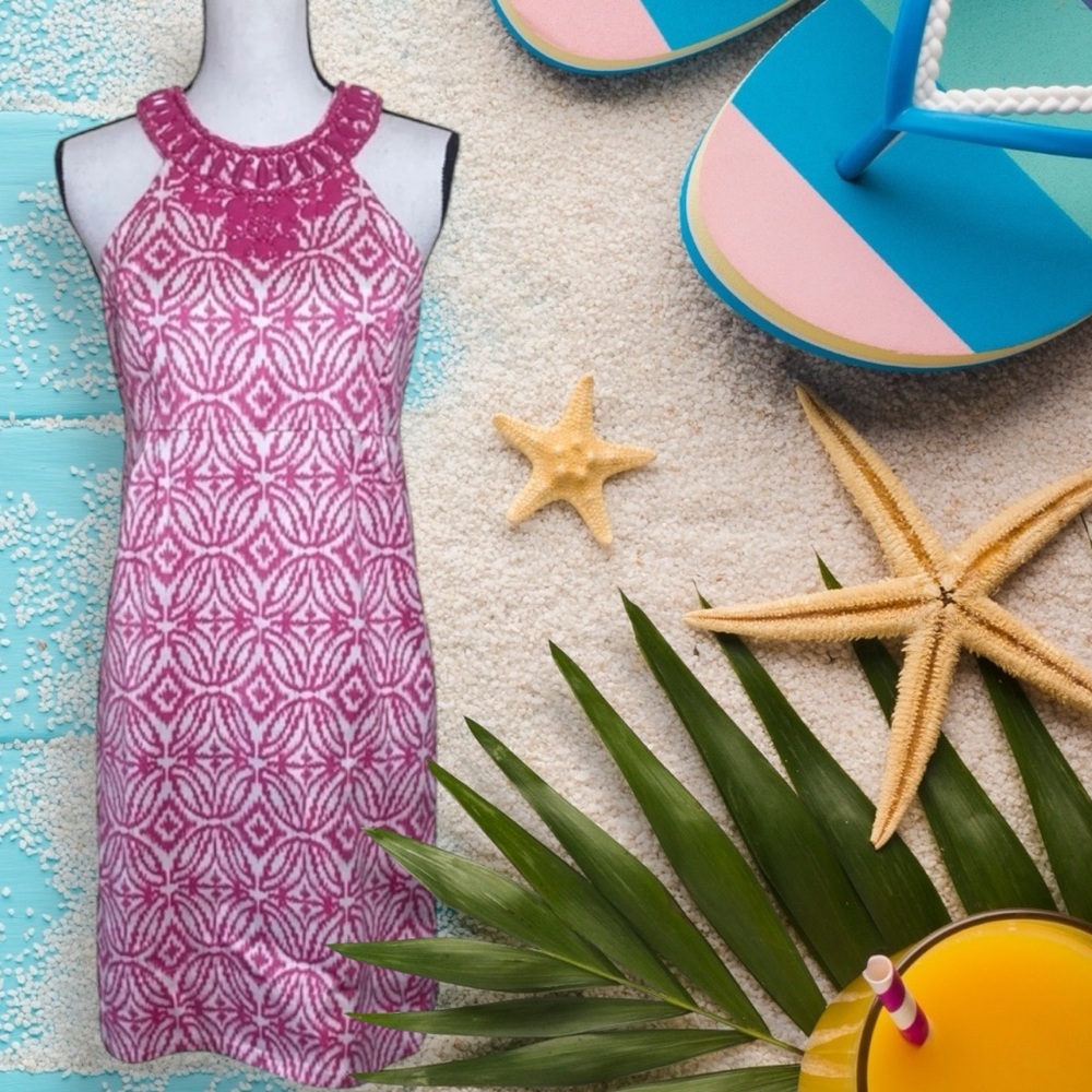 INC Pink White Geometric Patterned Sleeveless Halter Dress Beaded Neckline